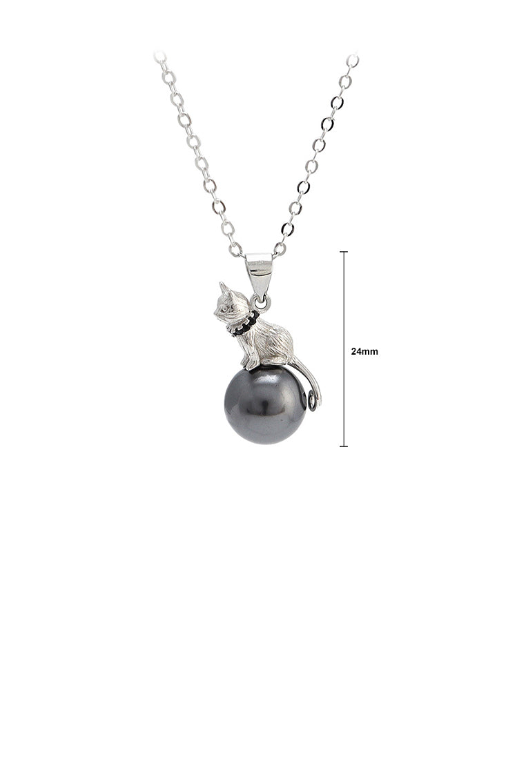925 Sterling Silver Simple Cute Cat Black Freshwater Pearl Pendant with Necklace - Luxurious Look