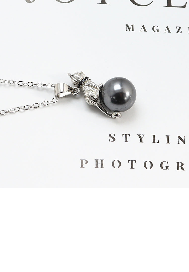 925 Sterling Silver Simple Cute Cat Black Freshwater Pearl Pendant with Necklace - Luxurious Look