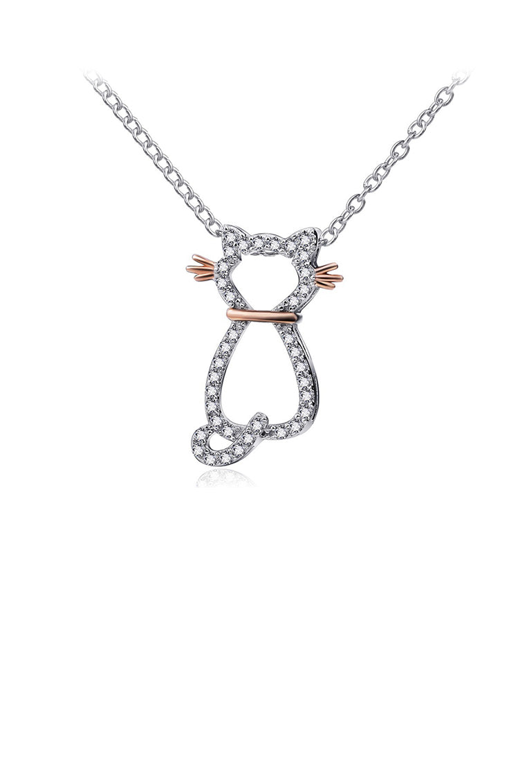 925 Sterling Silver Simple Cute Cat Pendant with Cubic Zirconia and Necklace - Luxurious Look