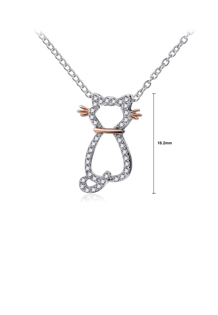 925 Sterling Silver Simple Cute Cat Pendant with Cubic Zirconia and Necklace - Luxurious Look