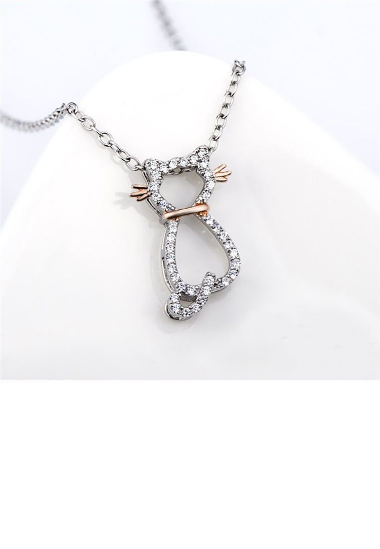 925 Sterling Silver Simple Cute Cat Pendant with Cubic Zirconia and Necklace - Luxurious Look