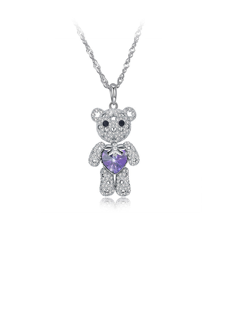 925 Sterling Silver Fashion Cute Bear Pendant with Purple Austrian Element Crystal and Necklace