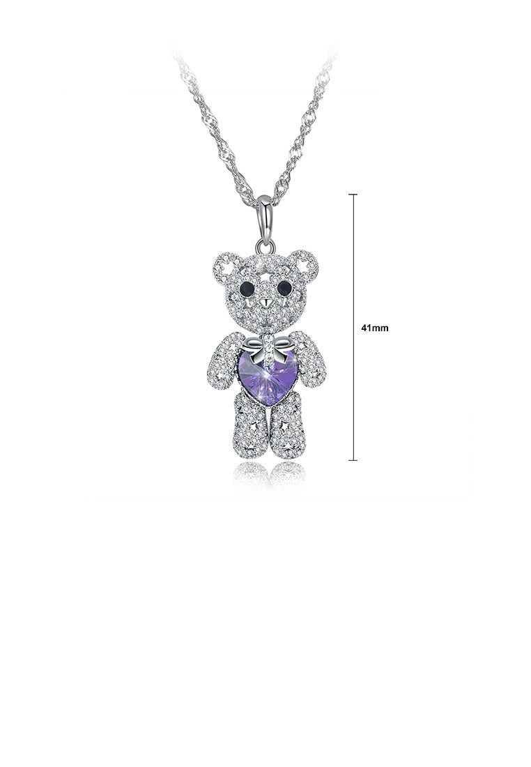925 Sterling Silver Fashion Cute Bear Pendant with Purple Austrian Element Crystal and Necklace