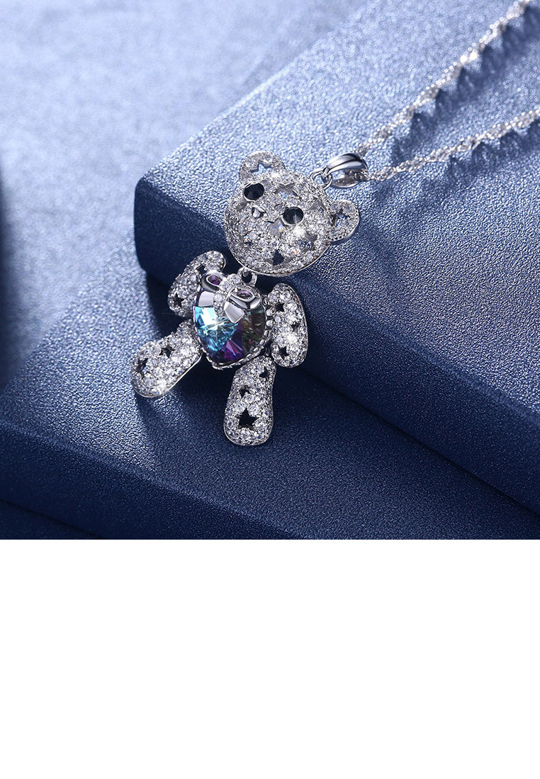 925 Sterling Silver Fashion Cute Bear Pendant with Purple Austrian Element Crystal and Necklace