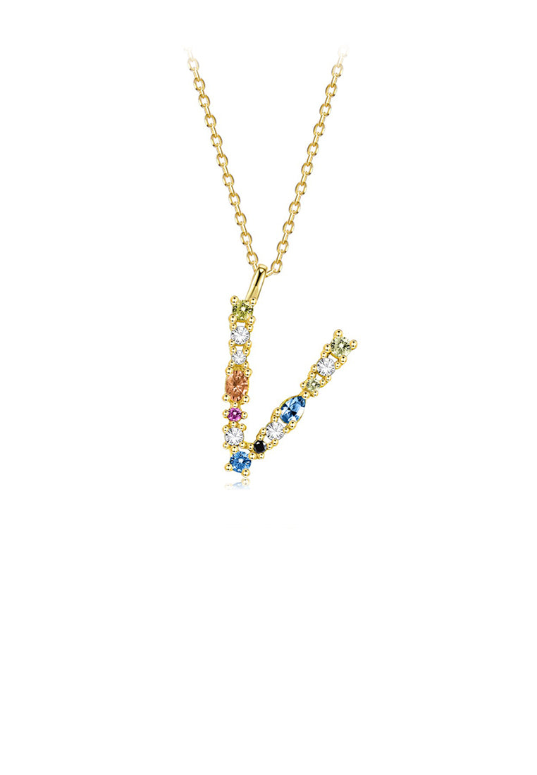 925 Sterling Silver Plated Gold Fashion Simple Color English Alphabet V Pendant with Cubic Zirconia and Necklace - Luxurious Look