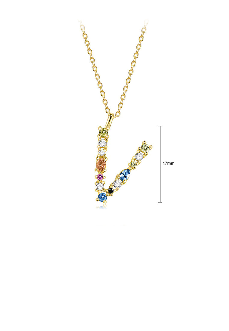 925 Sterling Silver Plated Gold Fashion Simple Color English Alphabet V Pendant with Cubic Zirconia and Necklace - Luxurious Look