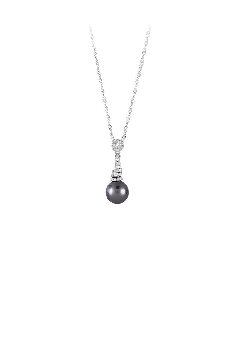 925 Sterling Silver Fashion and Elegant Geometric Black Freshwater Pearl Pendant with Cubic Zirconia and Necklace - Luxurious Look