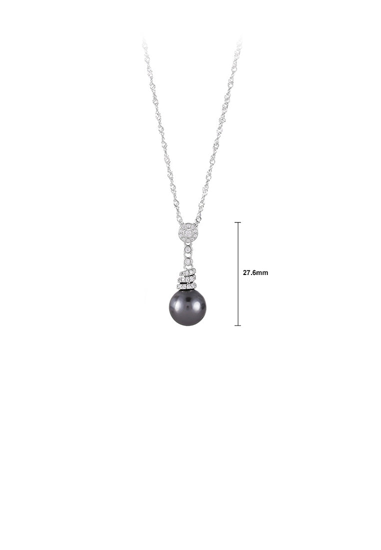 925 Sterling Silver Fashion and Elegant Geometric Black Freshwater Pearl Pendant with Cubic Zirconia and Necklace - Luxurious Look