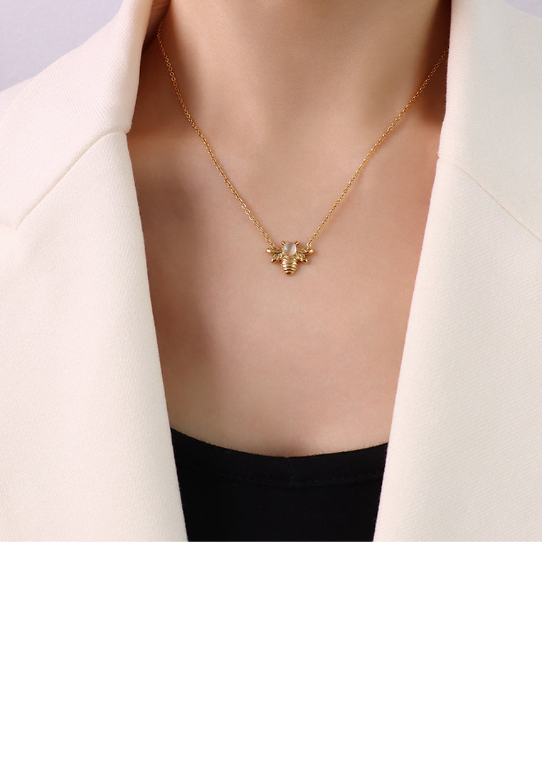 Simple and Cute Plated Gold 316L Stainless Steel Bee Imitation Opal Pendant with Necklace