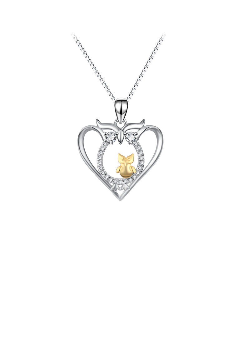925 Sterling Silver Fashion Creative Two-tone Owl Heart Pendant with Cubic Zirconia and Necklace - Luxurious Look