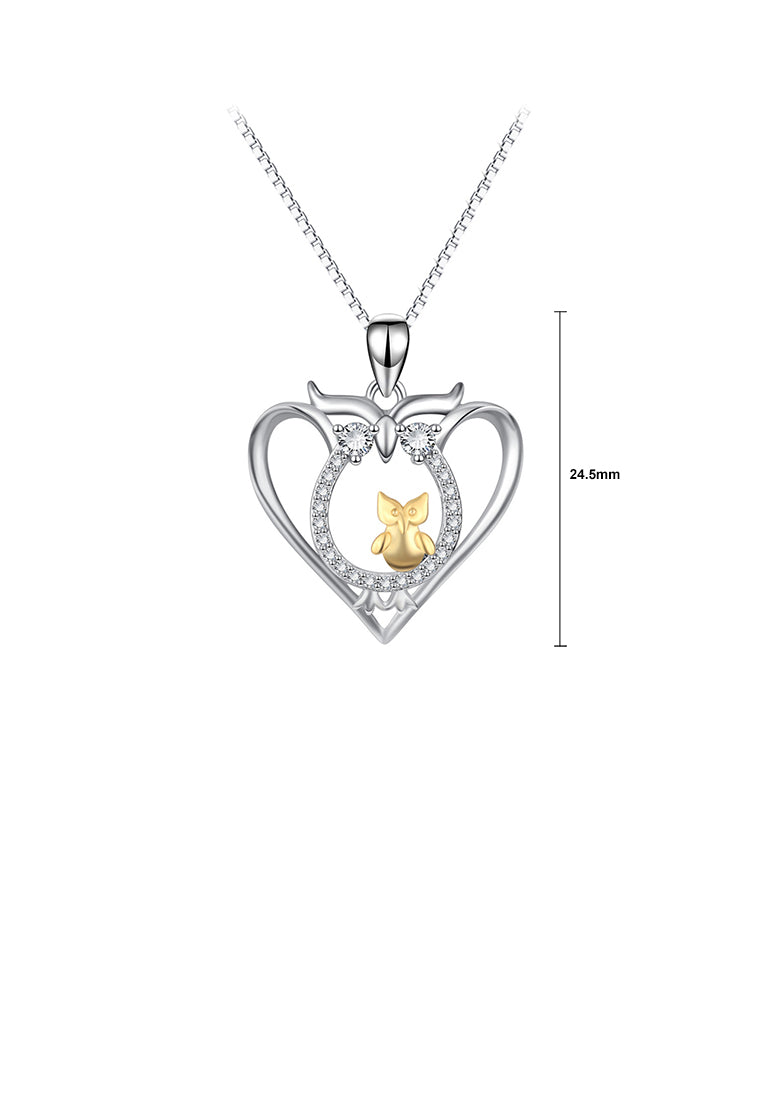 925 Sterling Silver Fashion Creative Two-tone Owl Heart Pendant with Cubic Zirconia and Necklace - Luxurious Look