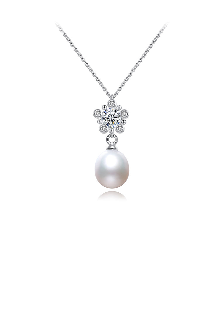 925 Sterling Silver Fashion Elegant Flower Cubic Zirconia Freshwater Pearl Pendant with Necklace - Luxurious Look