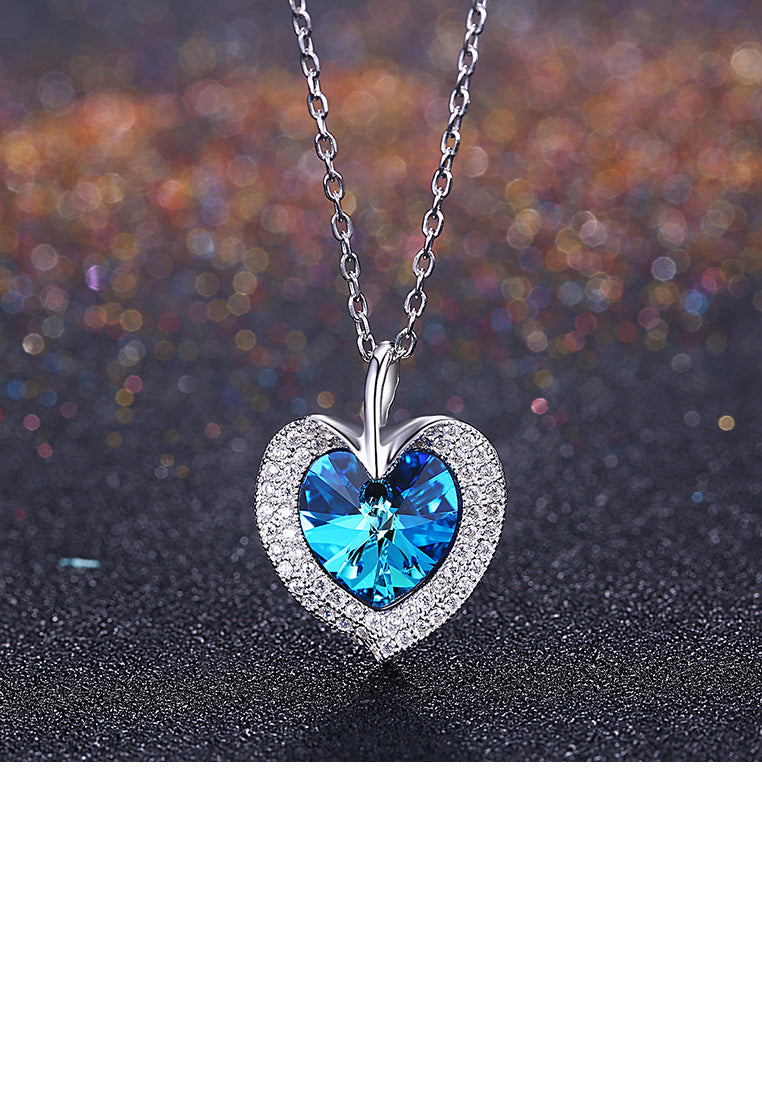925 Sterling Silver Fashion Romantic Heart Pendant with Blue Austrian Element Crystal and Necklace