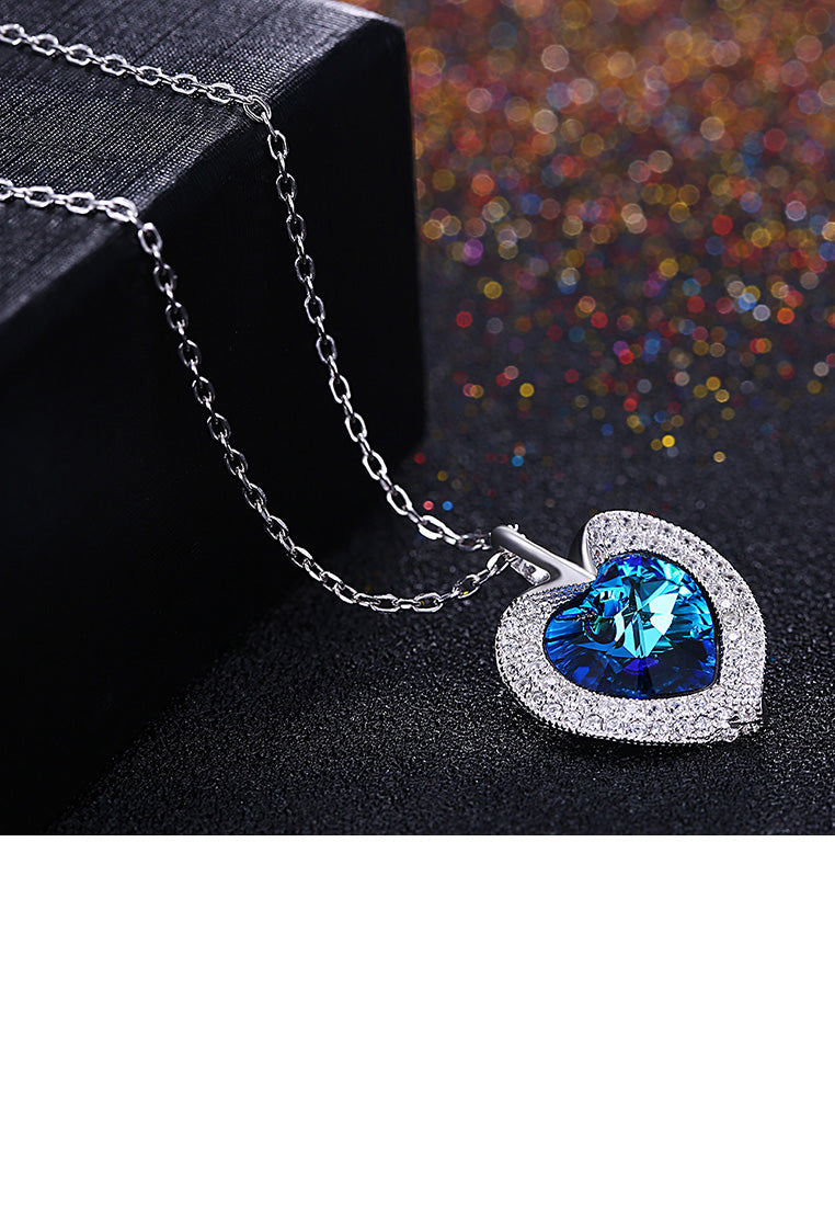 925 Sterling Silver Fashion Romantic Heart Pendant with Blue Austrian Element Crystal and Necklace
