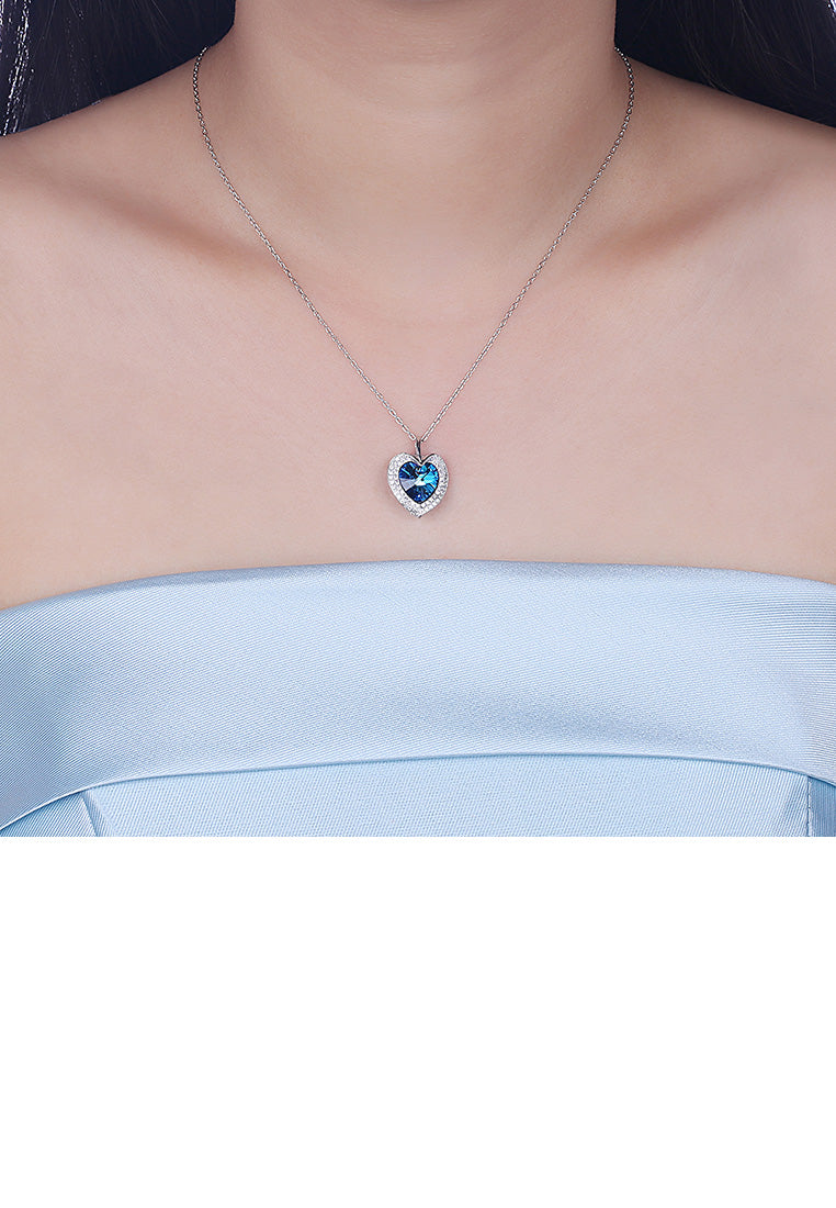 925 Sterling Silver Fashion Romantic Heart Pendant with Blue Austrian Element Crystal and Necklace
