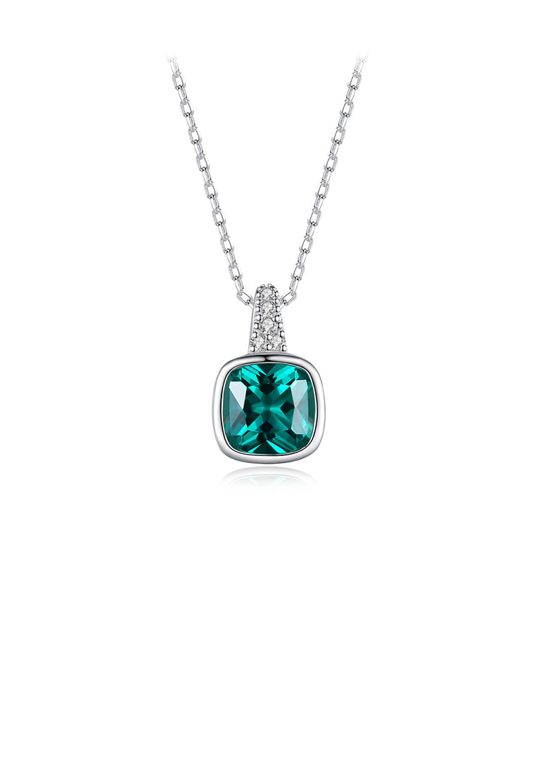 925 Sterling Silver Simple Temperament Geometric Square Pendant with Green Cubic Zirconia and Necklace - Luxurious Look