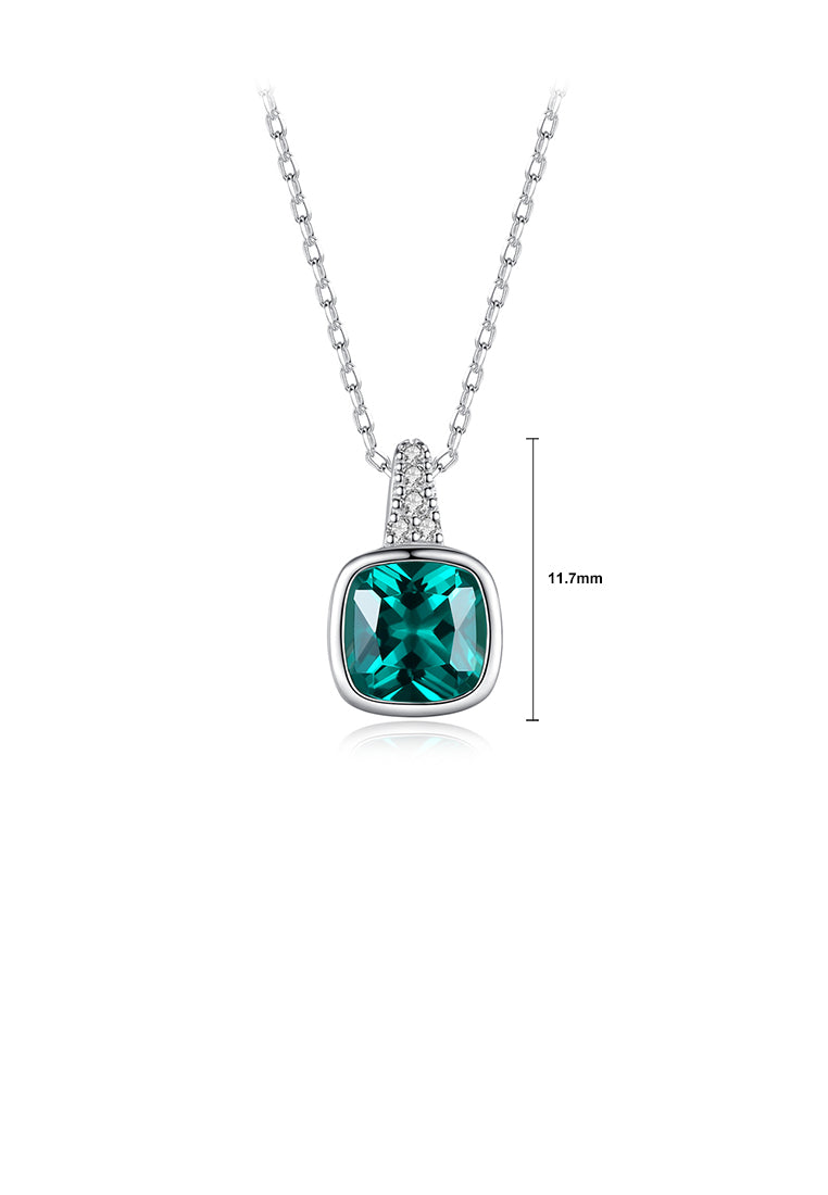 925 Sterling Silver Simple Temperament Geometric Square Pendant with Green Cubic Zirconia and Necklace - Luxurious Look