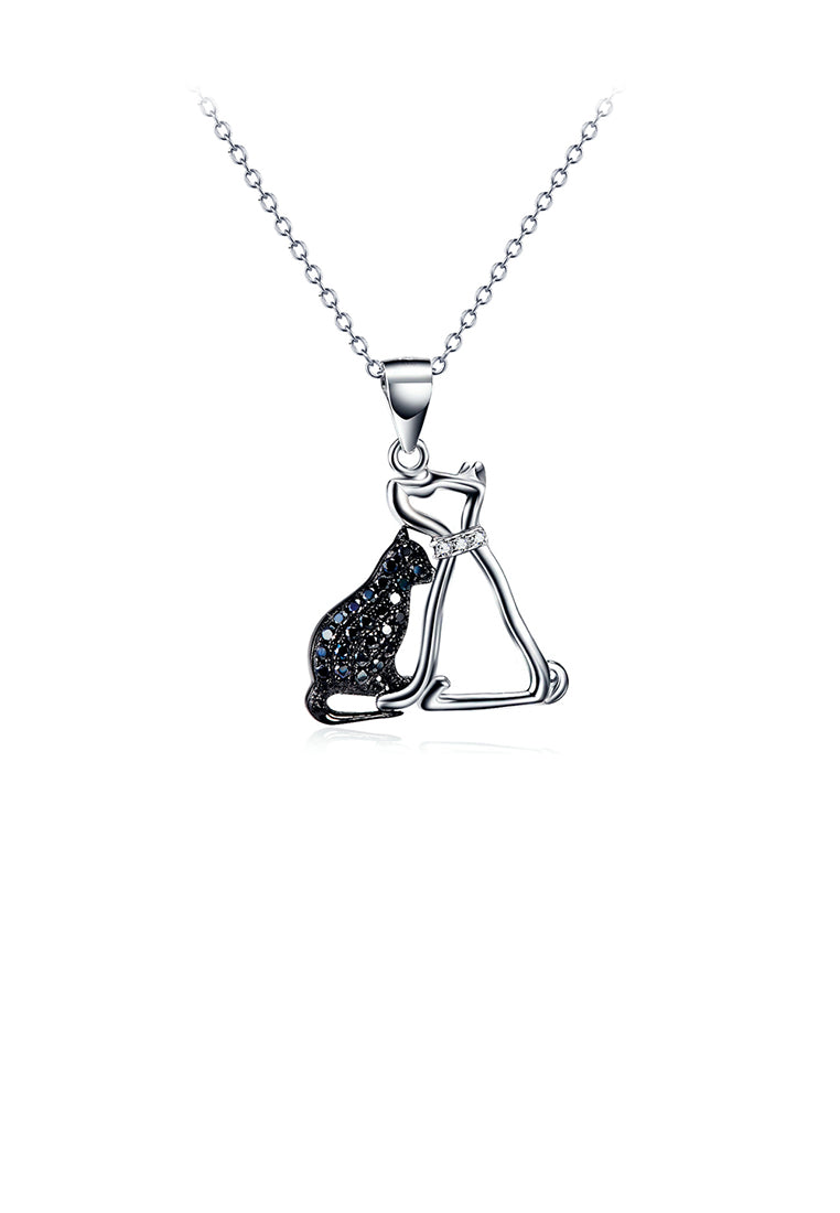 925 Sterling Silver Simple and Cute Double Cat Pendant with Cubic Zirconia and Necklace - Luxurious Look