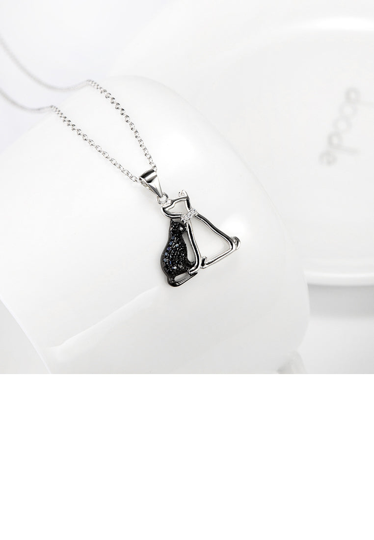 925 Sterling Silver Simple and Cute Double Cat Pendant with Cubic Zirconia and Necklace - Luxurious Look