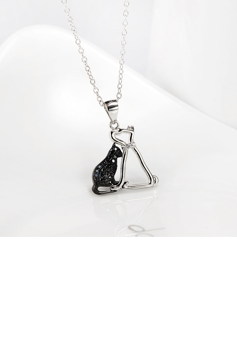 925 Sterling Silver Simple and Cute Double Cat Pendant with Cubic Zirconia and Necklace - Luxurious Look