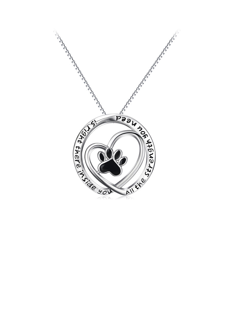 925 Sterling Silver Fashion Simple Dog Paw Heart Shaped Round Pendant with Necklace