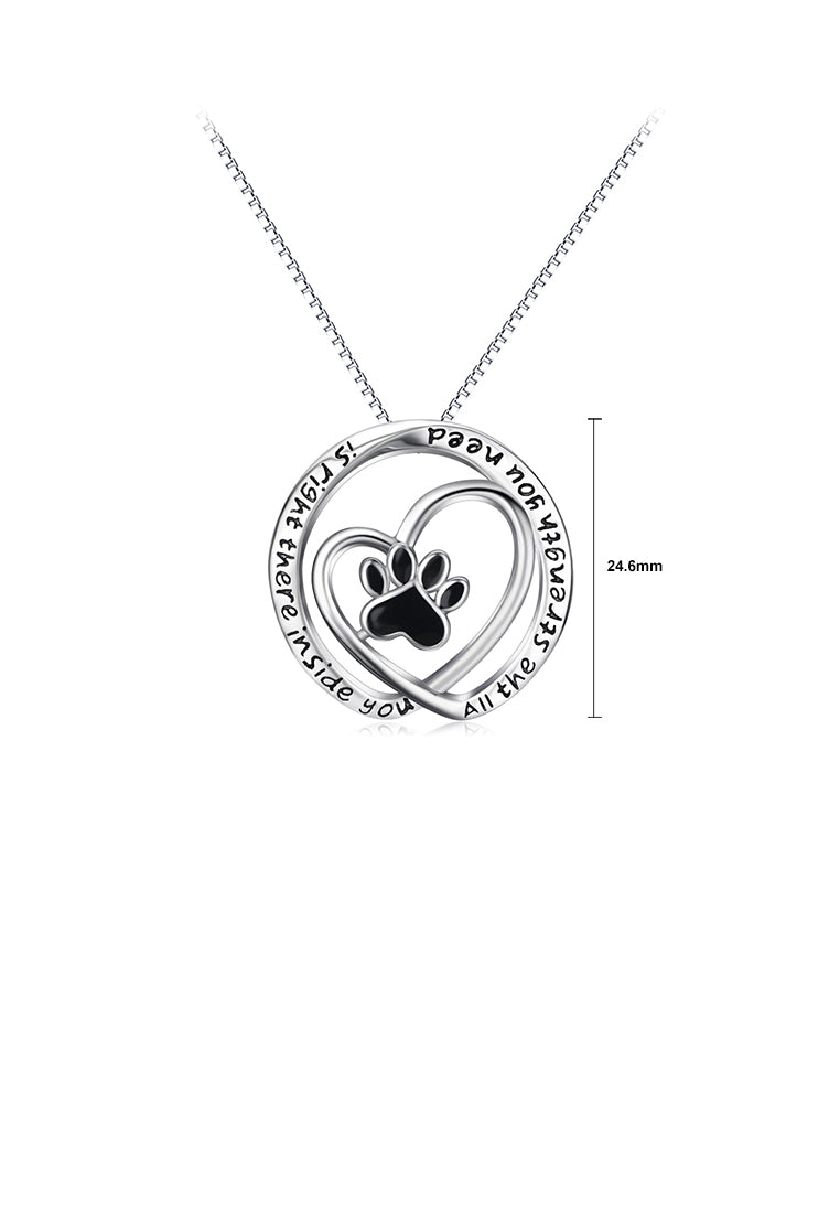 925 Sterling Silver Fashion Simple Dog Paw Heart Shaped Round Pendant with Necklace