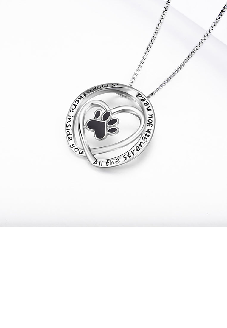 925 Sterling Silver Fashion Simple Dog Paw Heart Shaped Round Pendant with Necklace
