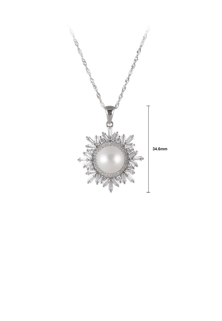 925 Sterling Silver Fashion Sparkling Snowflake Freshwater Pearl Pendant with Cubic Zirconia and Necklace - Luxurious Look