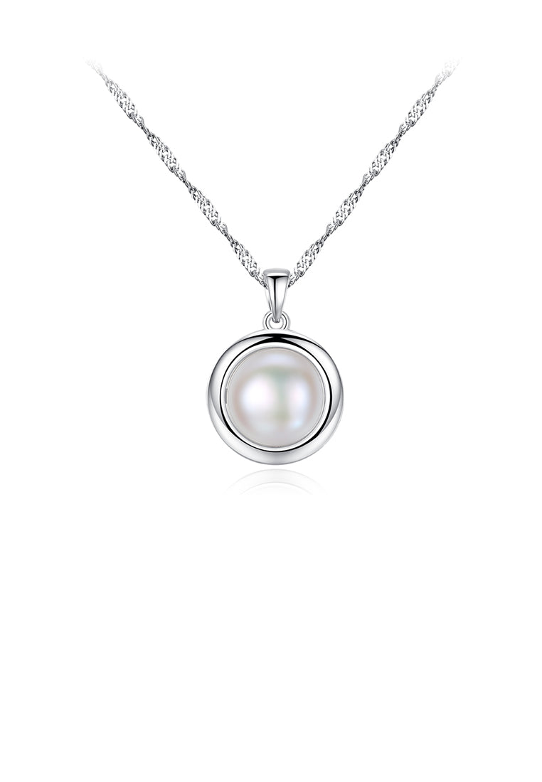 925 Sterling Silver Fashion and Elegant Geometric White Freshwater Pearl Pendant with Necklace - Luxurious Look