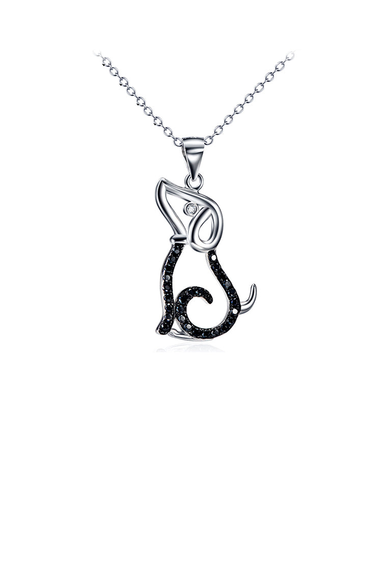 925 Sterling Silver Simple Cute Dog Pendant with Black Cubic Zirconia and Necklace - Luxurious Look
