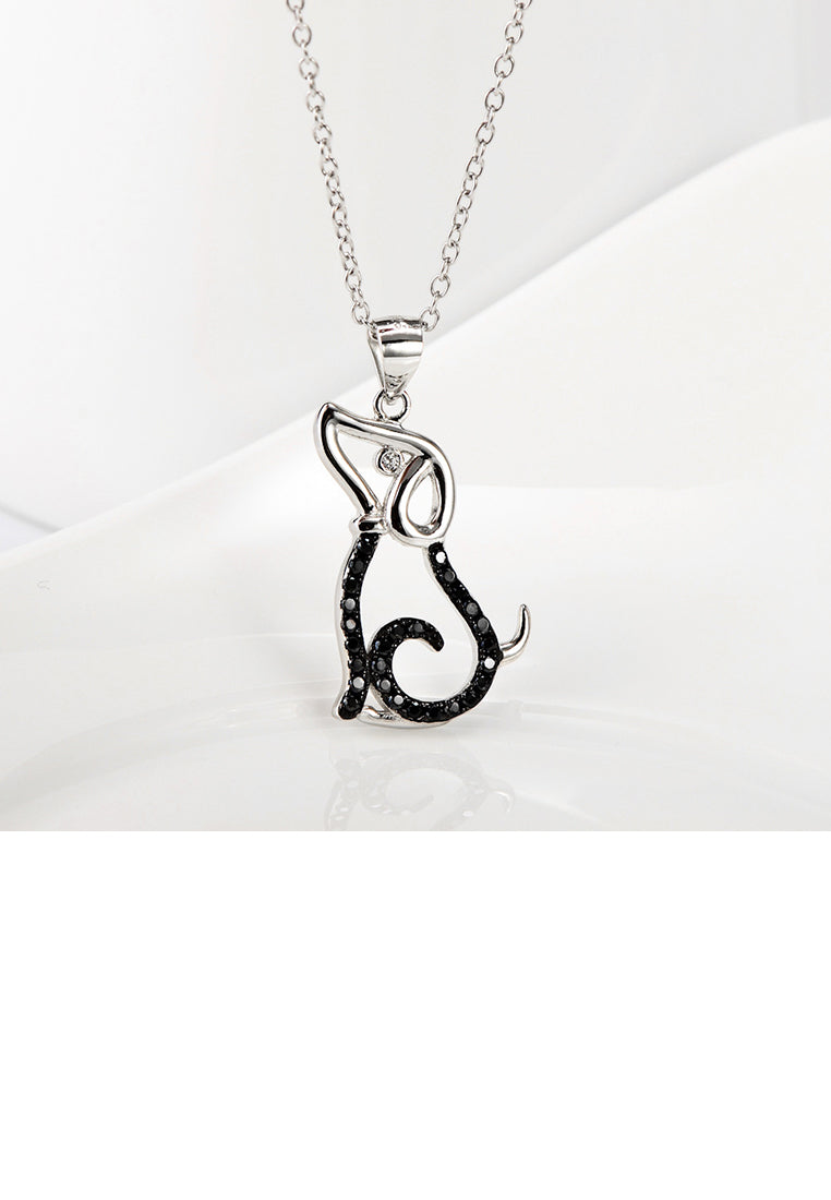 925 Sterling Silver Simple Cute Dog Pendant with Black Cubic Zirconia and Necklace - Luxurious Look