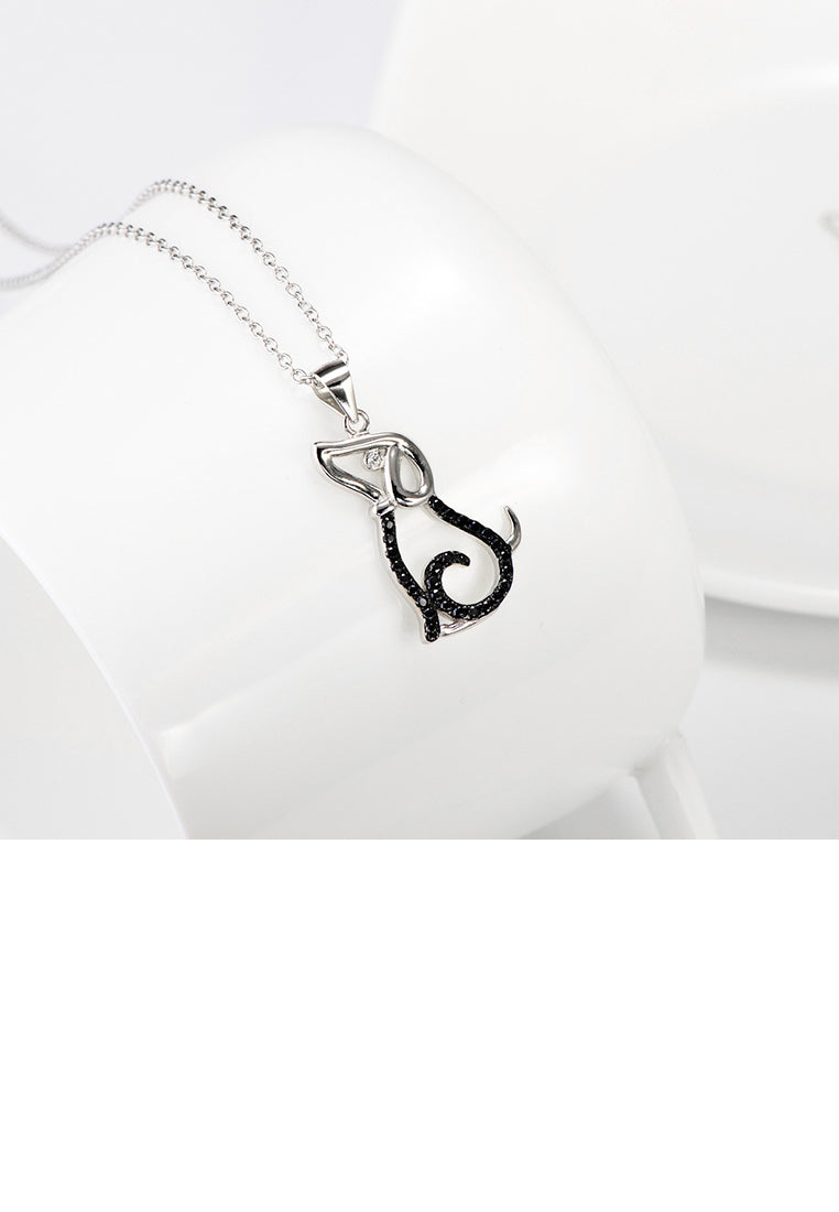 925 Sterling Silver Simple Cute Dog Pendant with Black Cubic Zirconia and Necklace - Luxurious Look