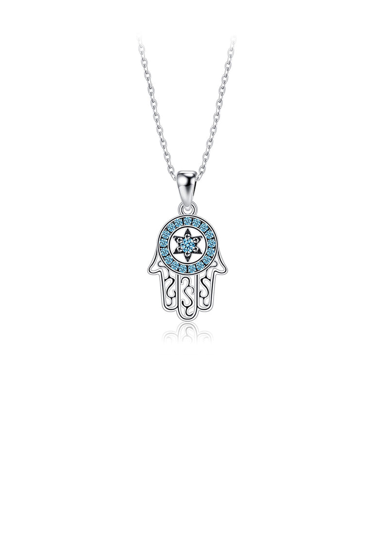 925 Sterling Silver Fashion Creative Fatima Palm Pendant with Blue Cubic Zirconia and Necklace - Luxurious Look