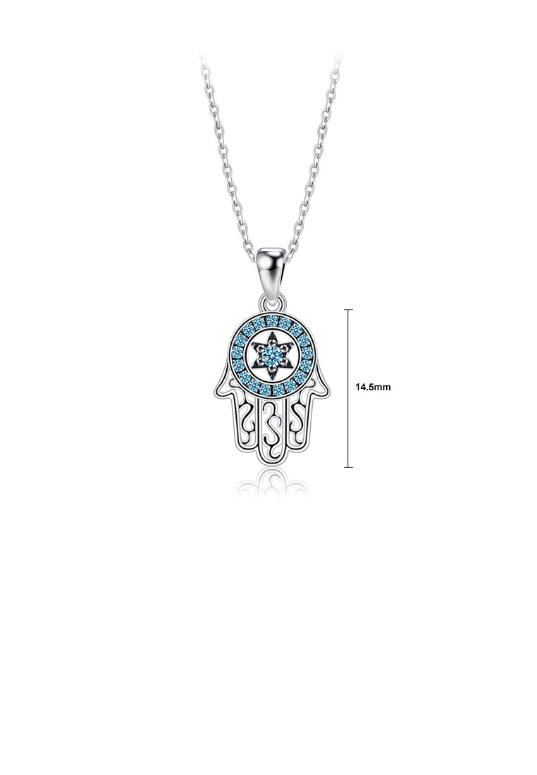 925 Sterling Silver Fashion Creative Fatima Palm Pendant with Blue Cubic Zirconia and Necklace - Luxurious Look