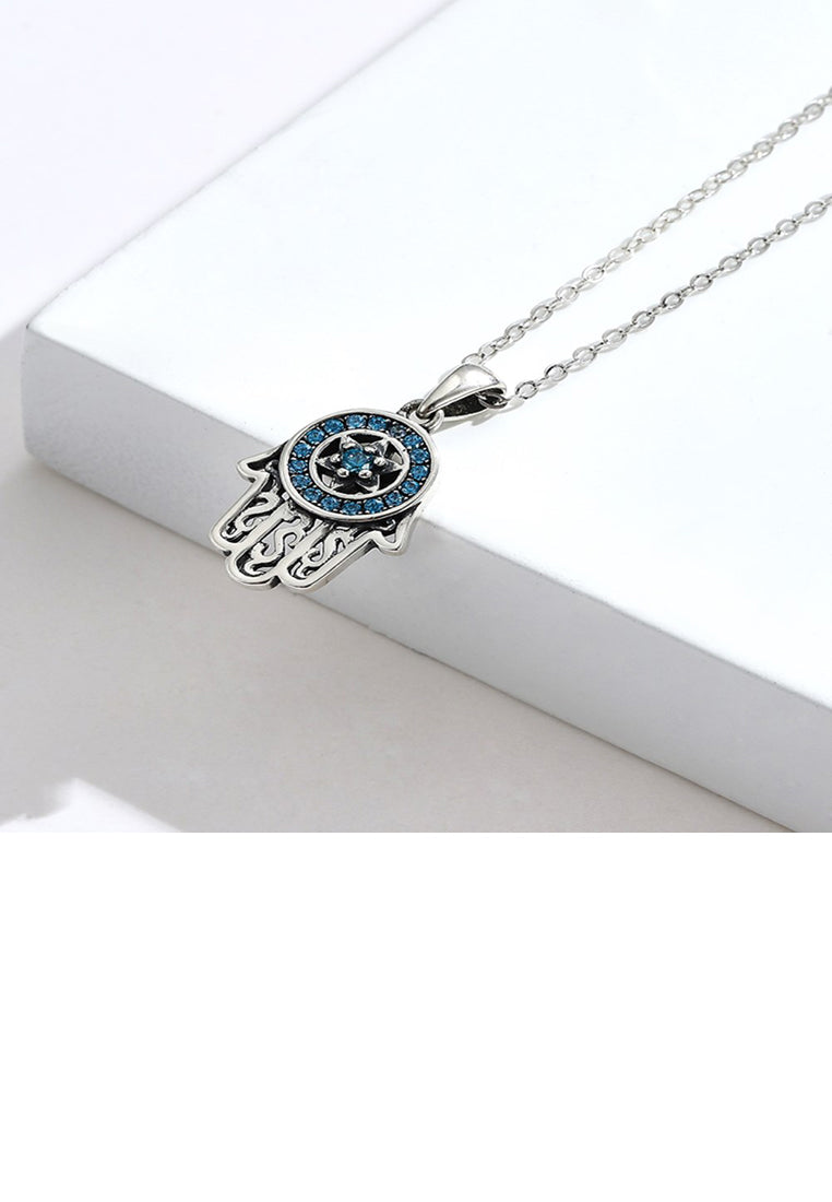 925 Sterling Silver Fashion Creative Fatima Palm Pendant with Blue Cubic Zirconia and Necklace - Luxurious Look