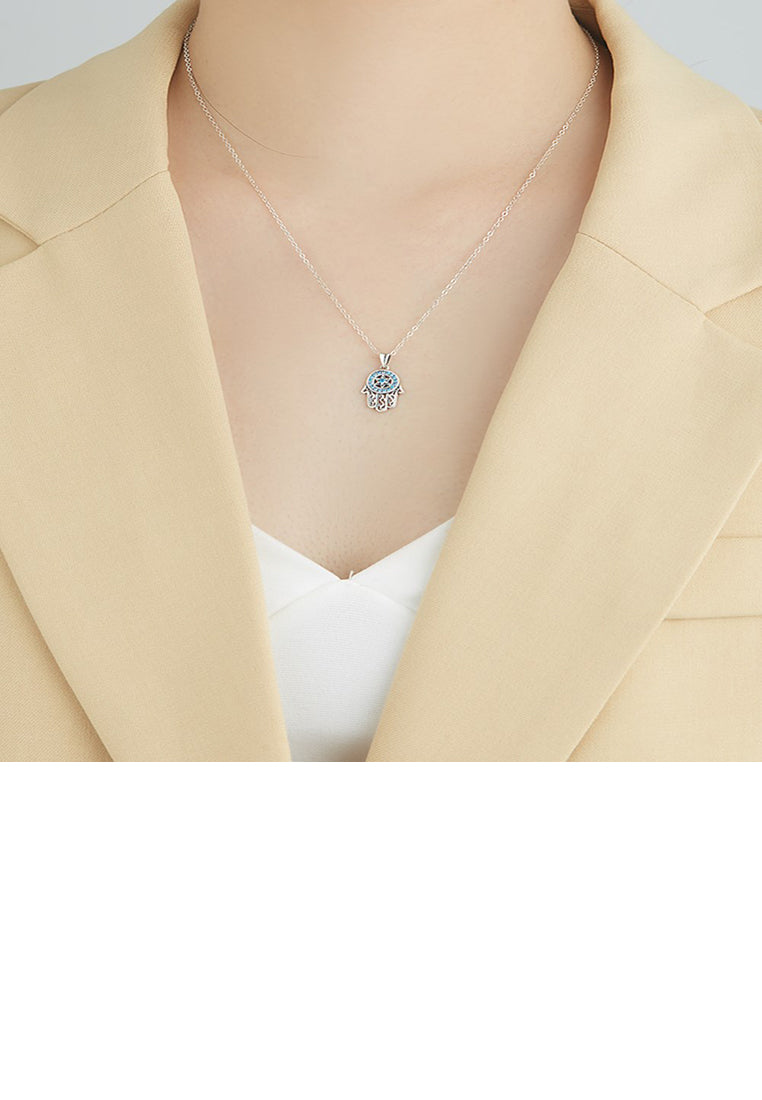 925 Sterling Silver Fashion Creative Fatima Palm Pendant with Blue Cubic Zirconia and Necklace - Luxurious Look