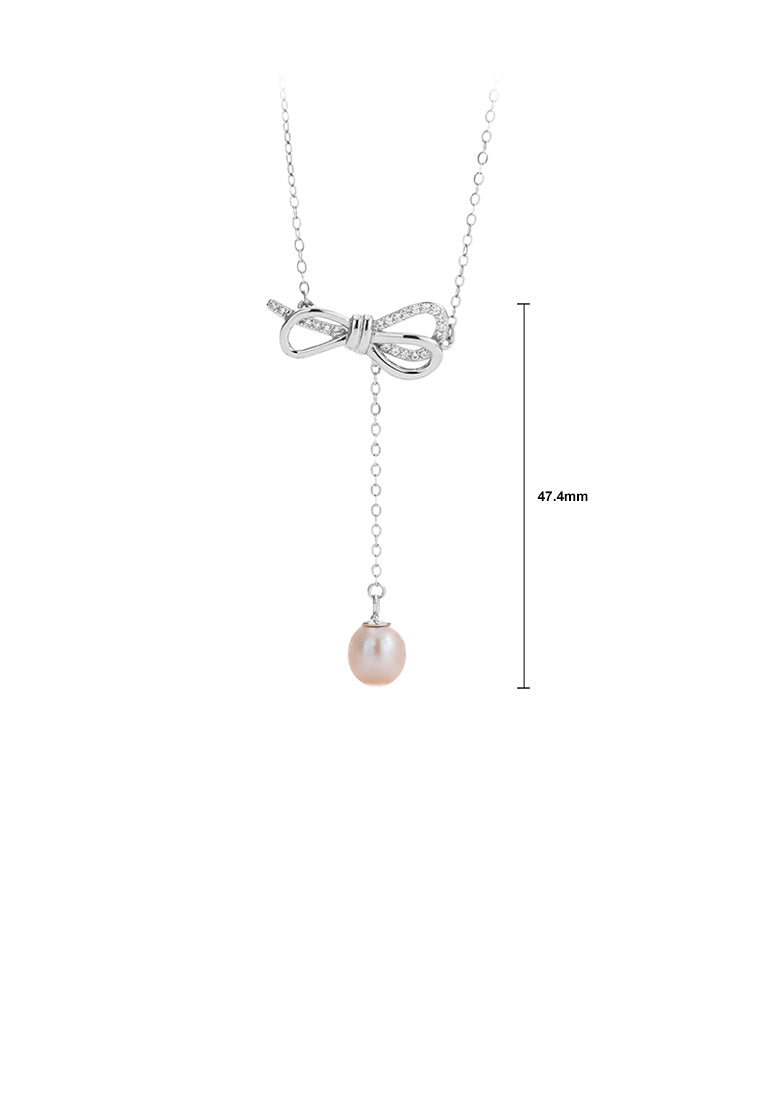 925 Sterling Silver Fashion Simple Ribbon Tassel White Freshwater Pearl Pendant with Necklace - Luxurious Look
