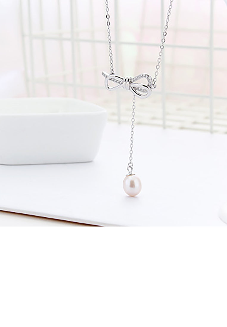 925 Sterling Silver Fashion Simple Ribbon Tassel White Freshwater Pearl Pendant with Necklace - Luxurious Look
