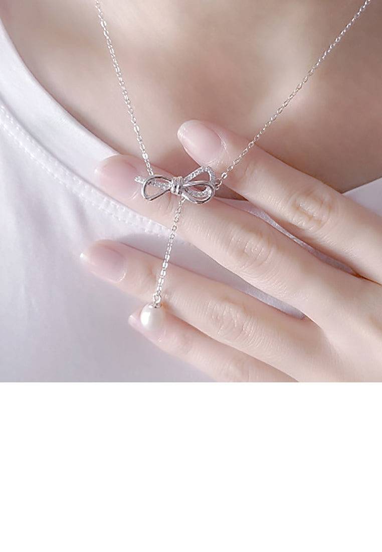 925 Sterling Silver Fashion Simple Ribbon Tassel White Freshwater Pearl Pendant with Necklace - Luxurious Look