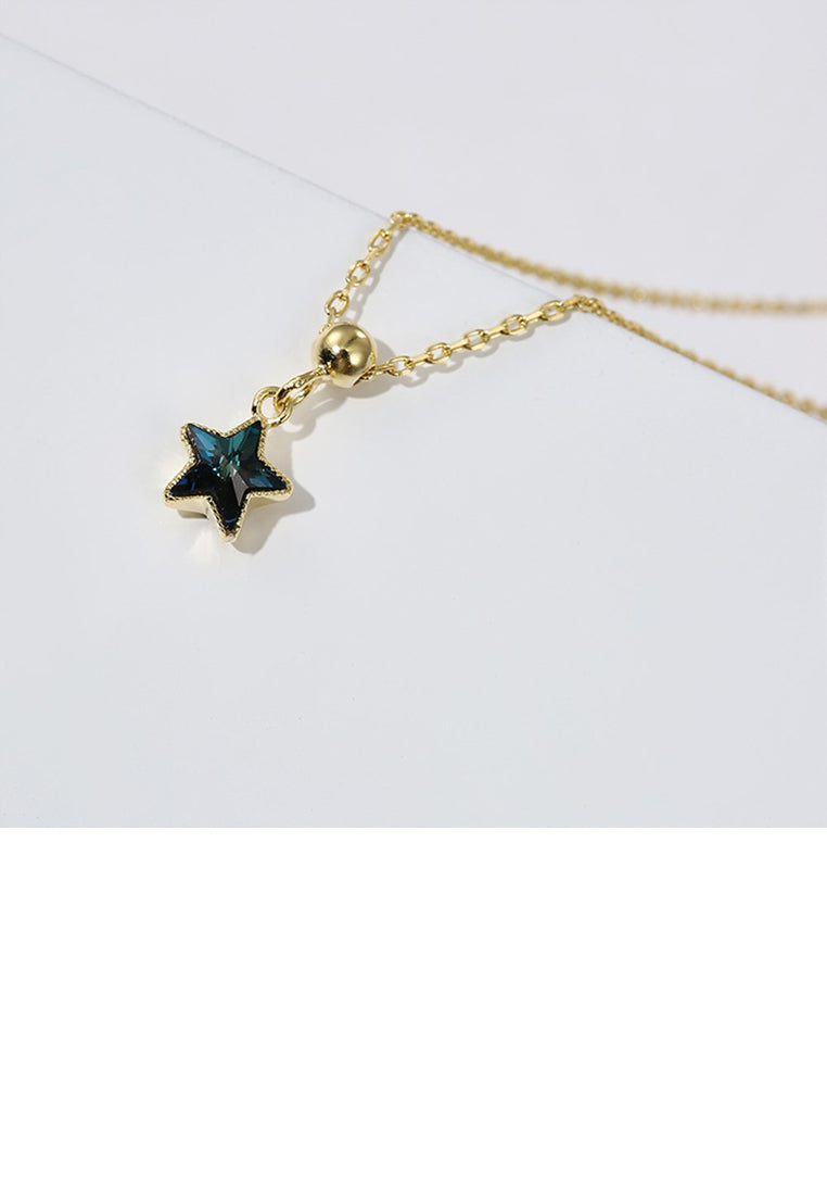 925 Sterling Silver Plated Gold Simple Star Pendant with Blue Cubic Zircon and Necklace