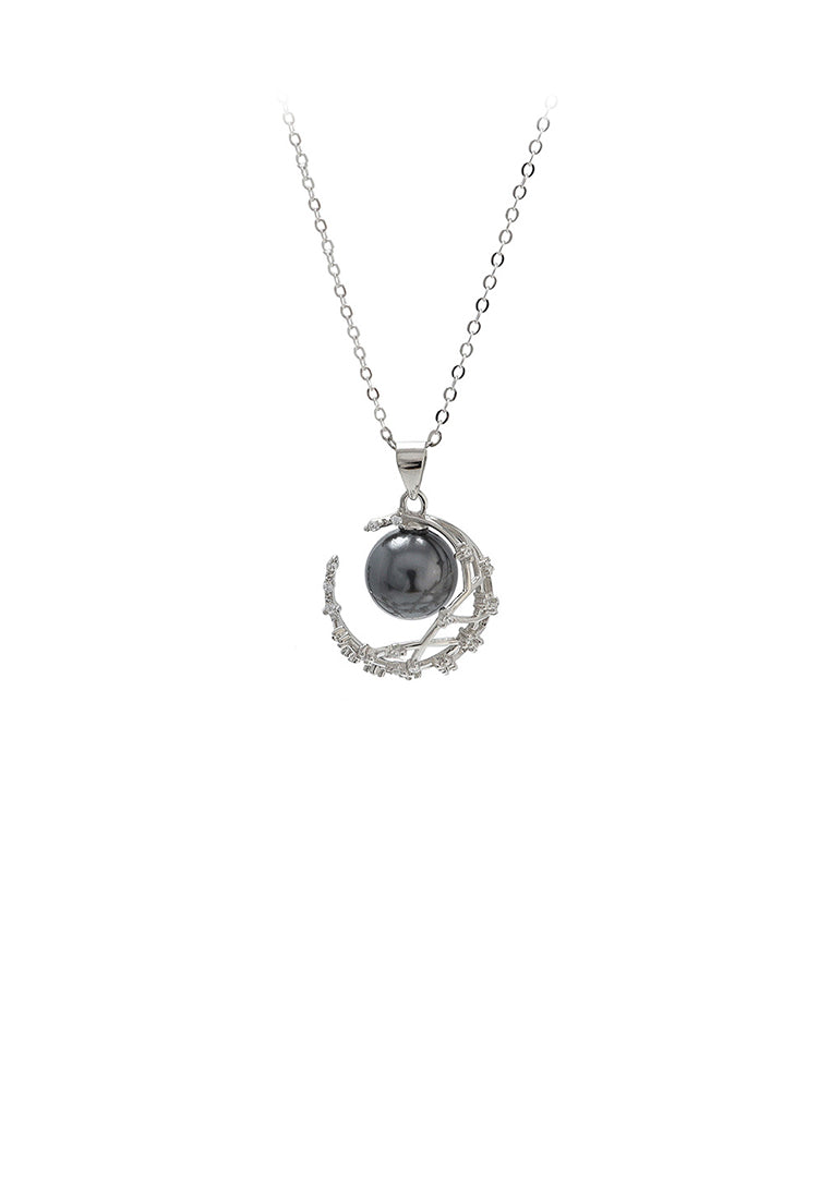 925 Sterling Silver Simple Fashion Moon Black Freshwater Pearl Pendant with Cubic Zirconia and Necklace - Luxurious Look
