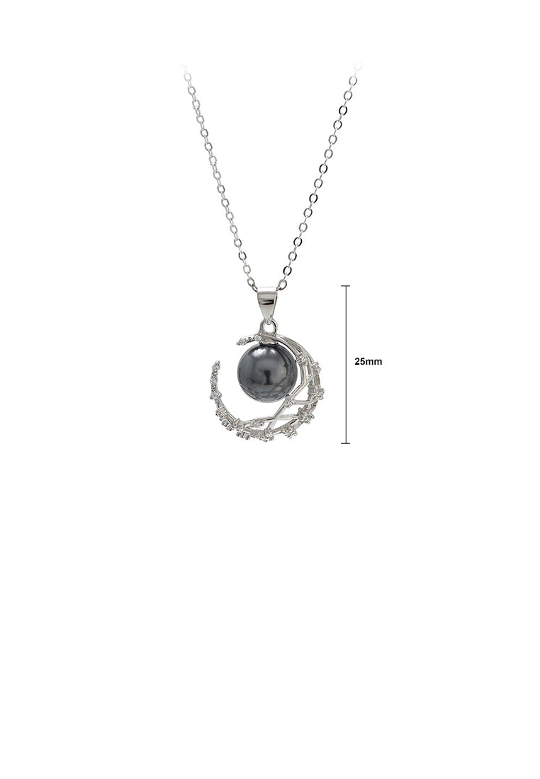 925 Sterling Silver Simple Fashion Moon Black Freshwater Pearl Pendant with Cubic Zirconia and Necklace - Luxurious Look