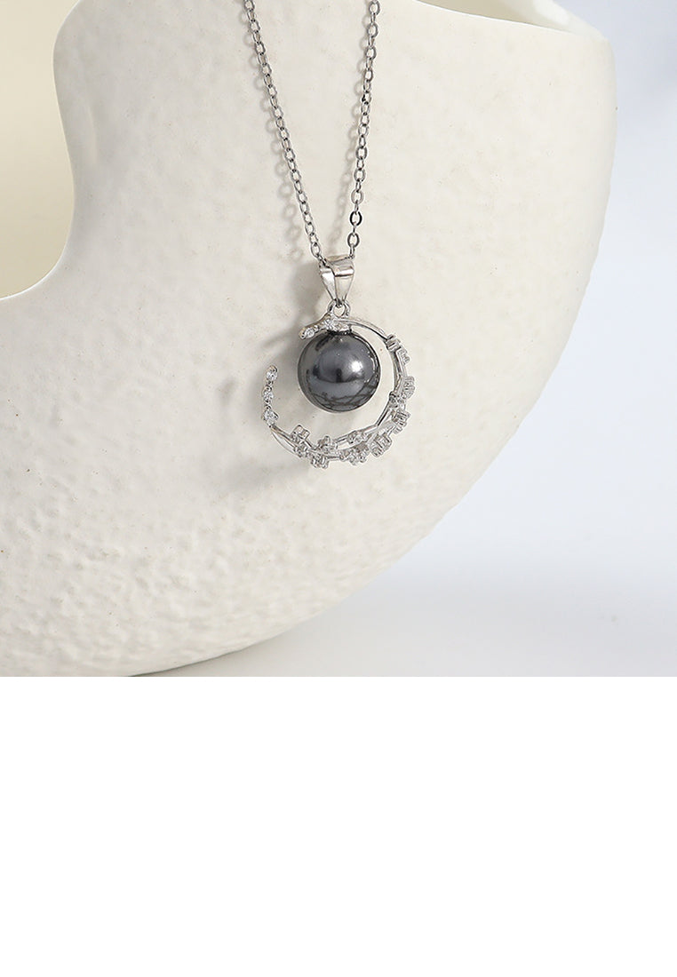 925 Sterling Silver Simple Fashion Moon Black Freshwater Pearl Pendant with Cubic Zirconia and Necklace - Luxurious Look