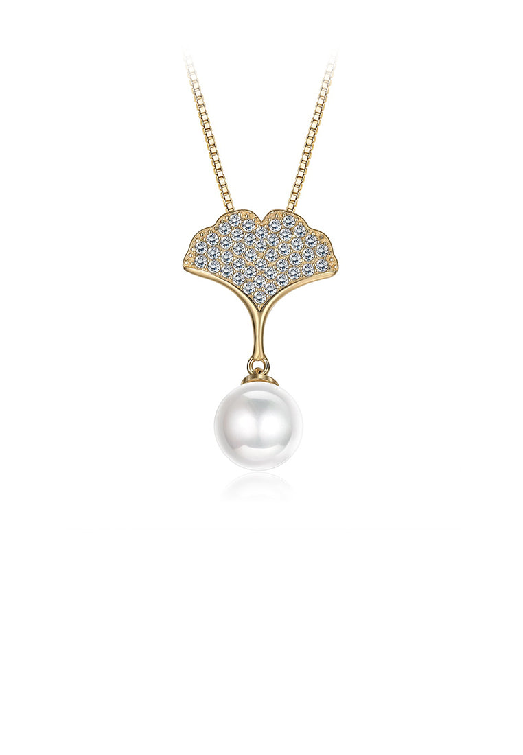 925 Sterling Silver Plated Gold Elegant Apricot Pearl Pendant with Austrian Element Crystal and Necklace - Luxurious Look