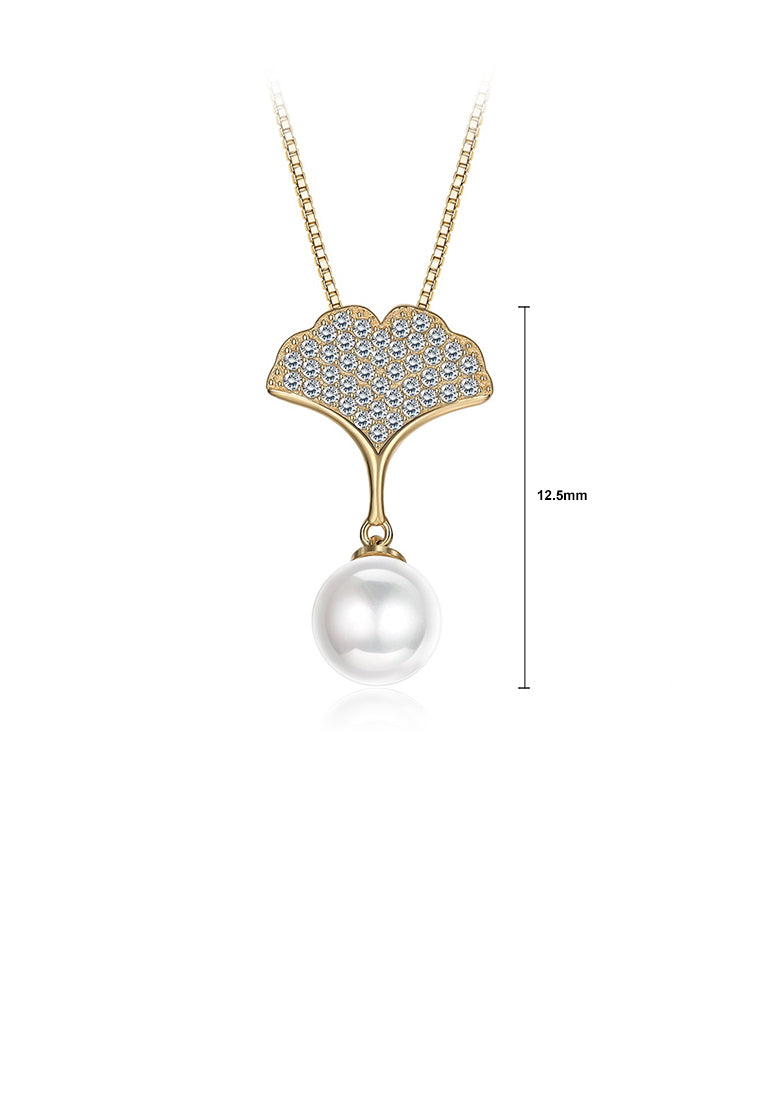 925 Sterling Silver Plated Gold Elegant Apricot Pearl Pendant with Austrian Element Crystal and Necklace - Luxurious Look