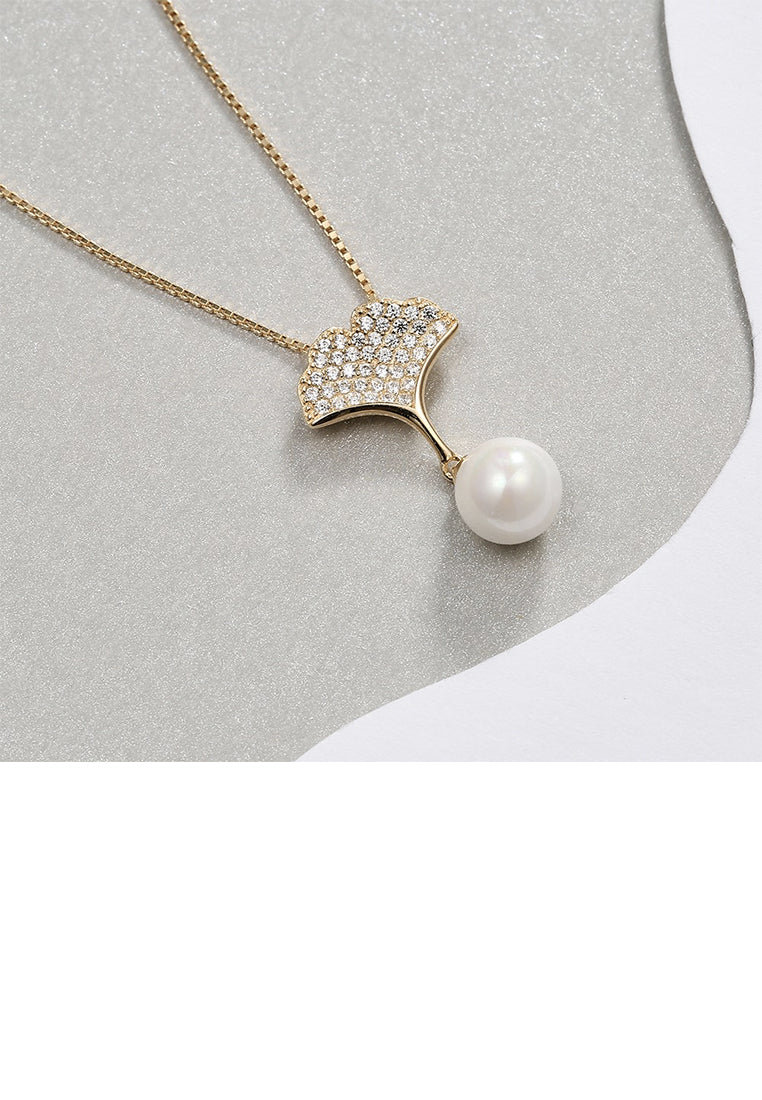 925 Sterling Silver Plated Gold Elegant Apricot Pearl Pendant with Austrian Element Crystal and Necklace - Luxurious Look