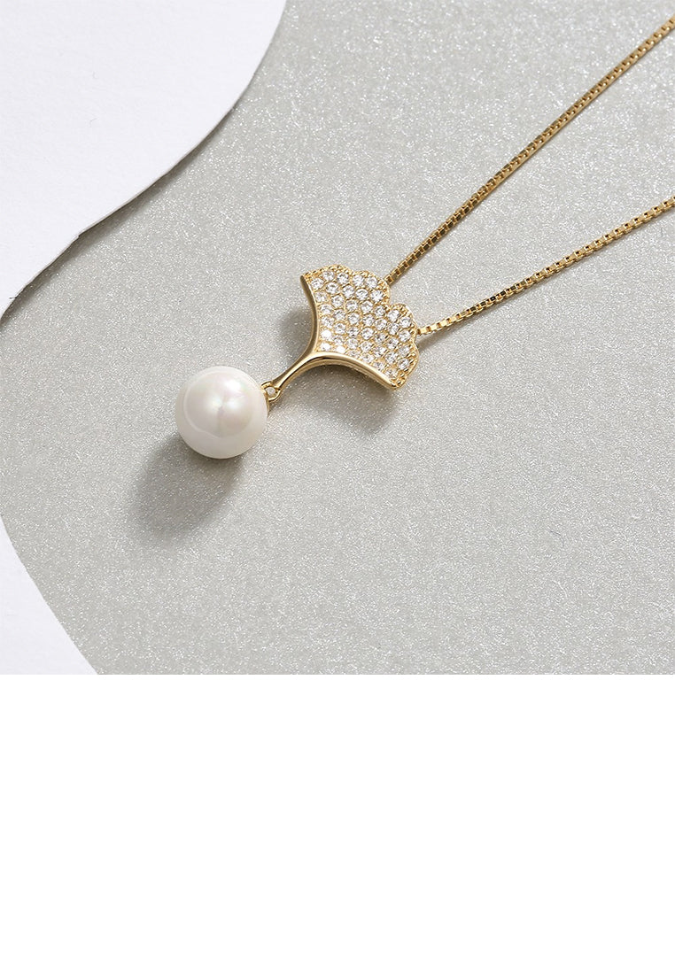 925 Sterling Silver Plated Gold Elegant Apricot Pearl Pendant with Austrian Element Crystal and Necklace - Luxurious Look