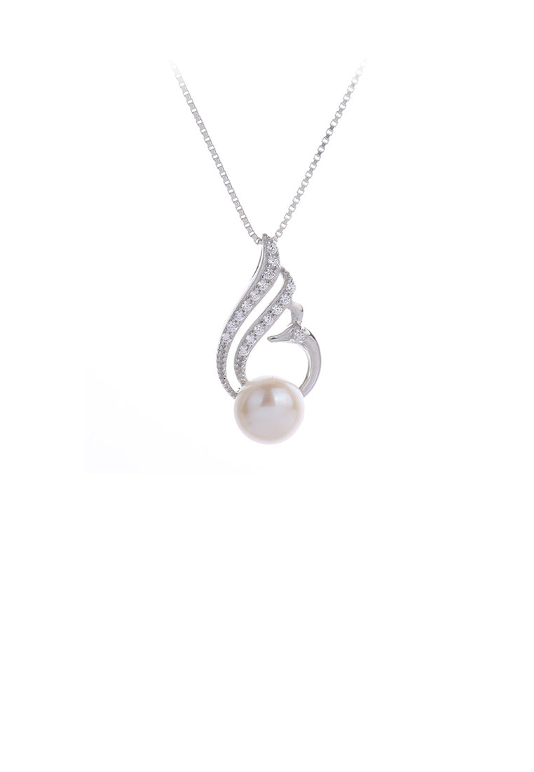 925 Sterling Silver Fashion and Elegant Swan Freshwater Pearl Pendant with Cubic Zirconia and Necklace - Luxurious Look