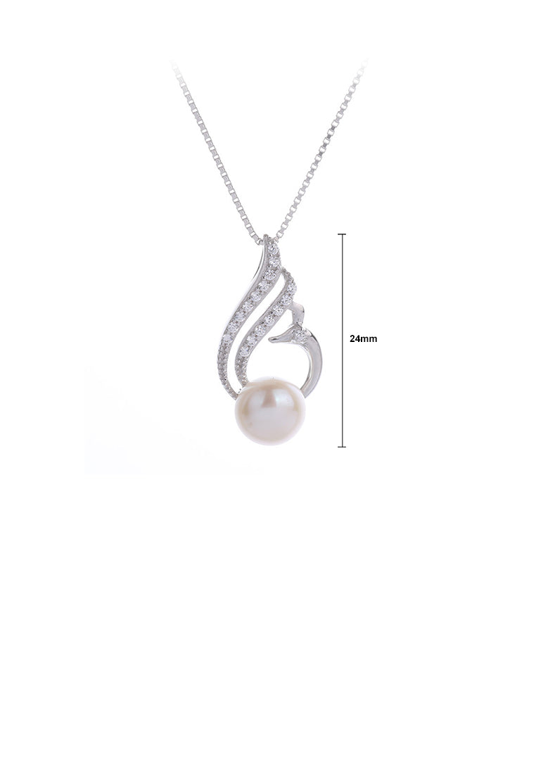 925 Sterling Silver Fashion and Elegant Swan Freshwater Pearl Pendant with Cubic Zirconia and Necklace - Luxurious Look