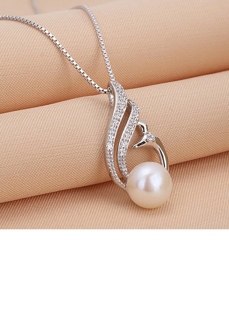 925 Sterling Silver Fashion and Elegant Swan Freshwater Pearl Pendant with Cubic Zirconia and Necklace - Luxurious Look